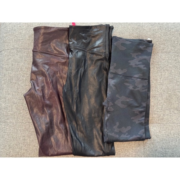 3 Pairs Spanx Faux Leather Leggings Bundle Size Medium Camo Black Maroon - Picture 1 of 12